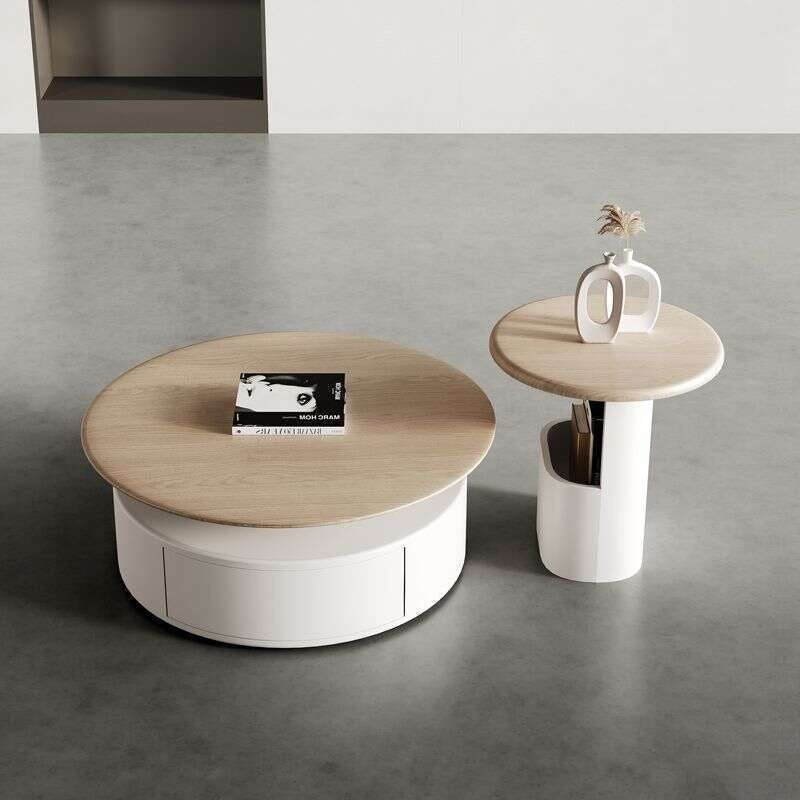 Round coffee table in natural wood color, minimalist modern style, simple for the living room.
