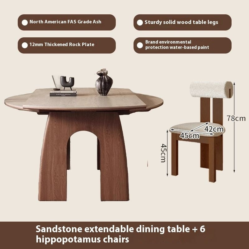 French-style dining table, expandable foldable, made from wood and granite, suitable for small rooms.