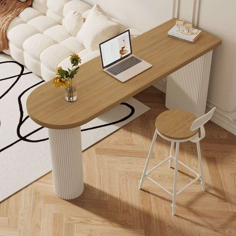 Solid wood coffee bar table, modern simple high chairs, chairs against the wall, long table