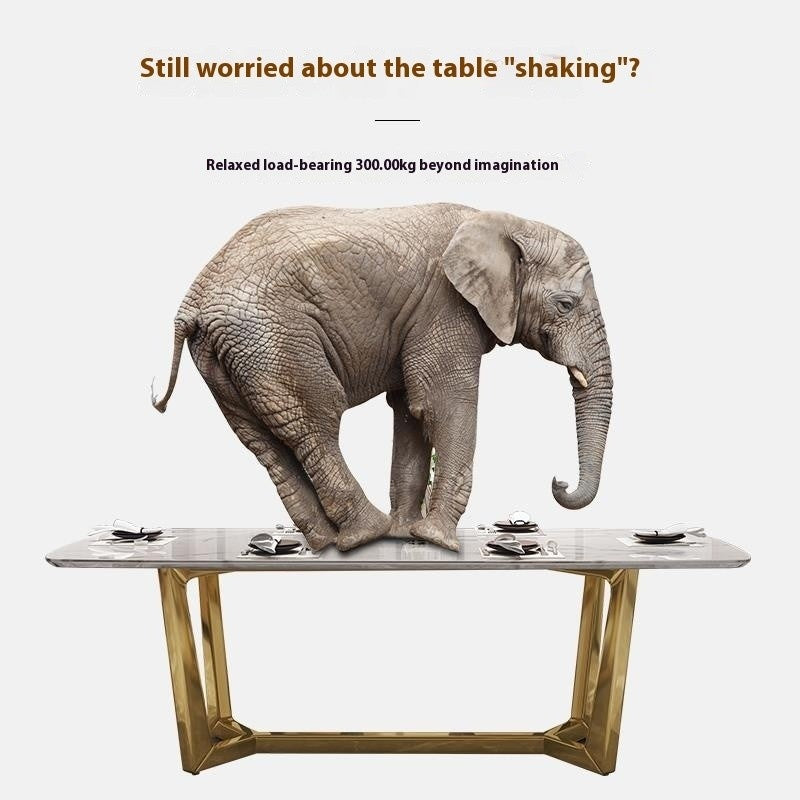 Modern compact square dining table, gold base, stainless steel, marble surface, Nordic style, sturdy and durable.