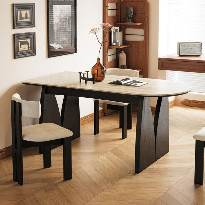 Simple French style oval dining table set Made from solid wood and granite, classic design.