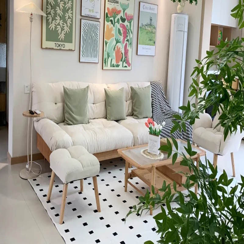 Nordic Full Set Solid Wood Sofa with Cloud Fabric, Simple Modern Living Room for Small Homes