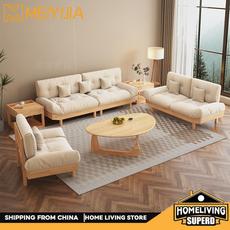 Nordic Full Set Solid Wood Sofa with Cloud Fabric, Simple Modern Living Room for Small Homes