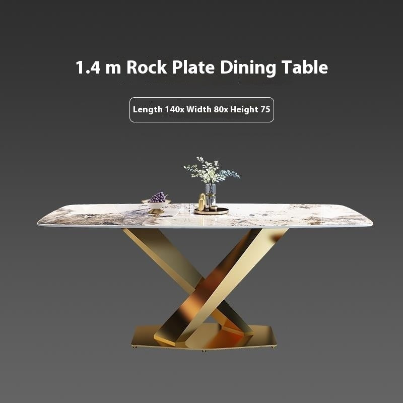 Italian dining table, luxurious, smooth surface, small artificial stone slab. Suitable for condos, stainless steel base, durable, modern.