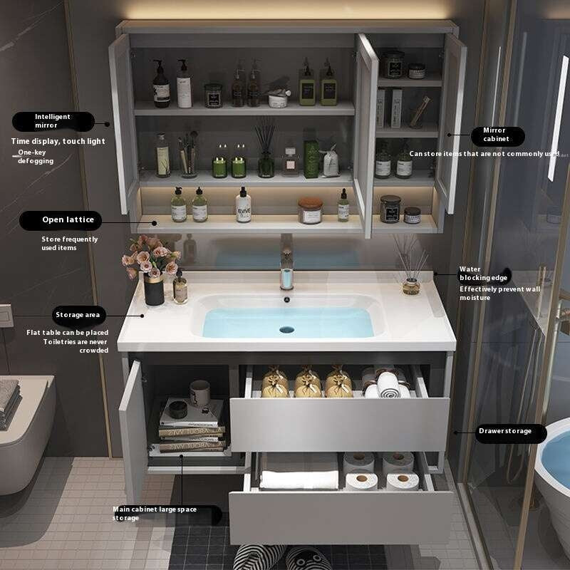 QW- Oak Wood Storage Cabinet Smart Mirror Sink Set in the Bathroom