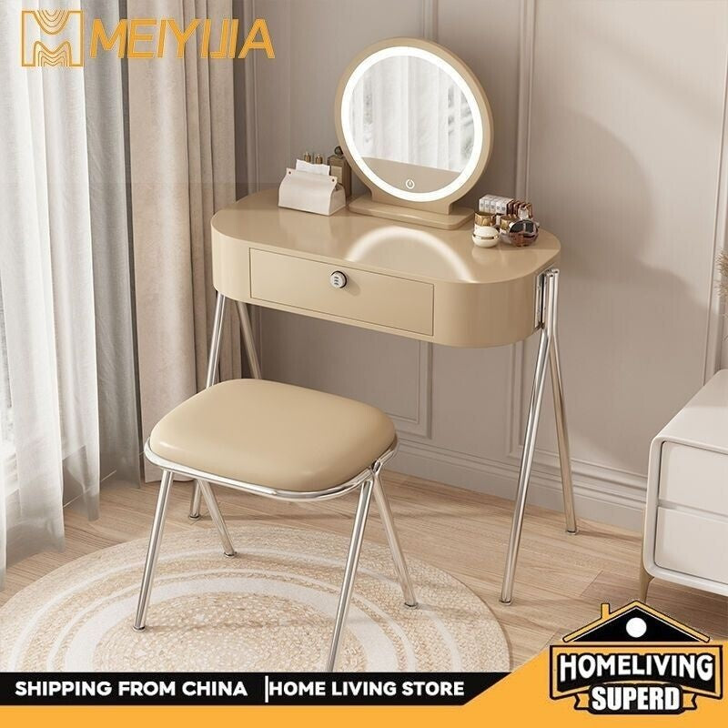 Nordic Light Luxury Simple Small Home Drawer Mirror Dressing Table Solid Wood One Makeup Storage