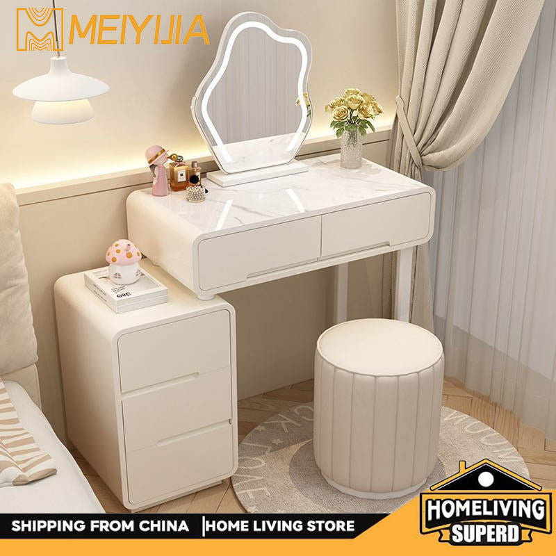 Modern Simple Bedroom Small Style Solid Wood Cream Wind Dressing Table with Smart Cabinet Mirror Chair