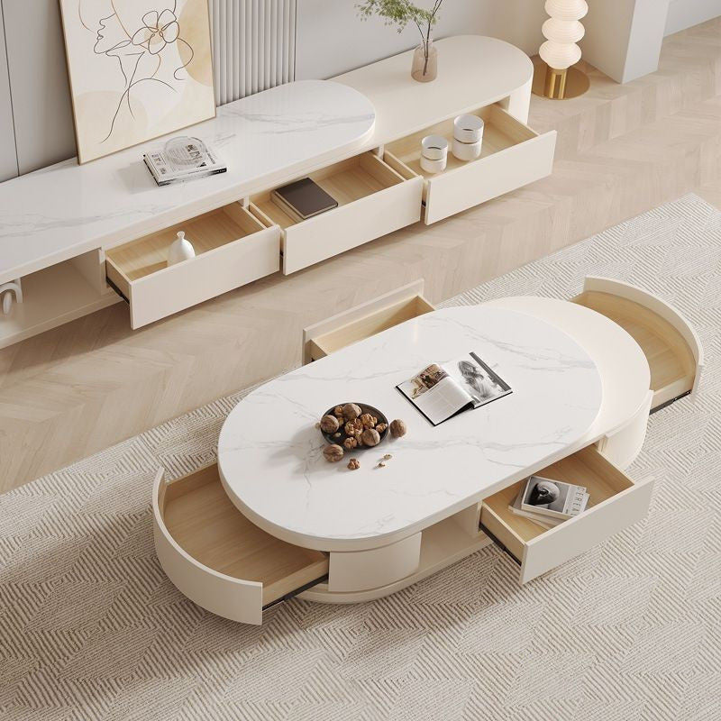 Nordic Light Luxury Modern Coffee Stone Board TV Cabinet Combined Small Oval Foldable Table for Living Room Home