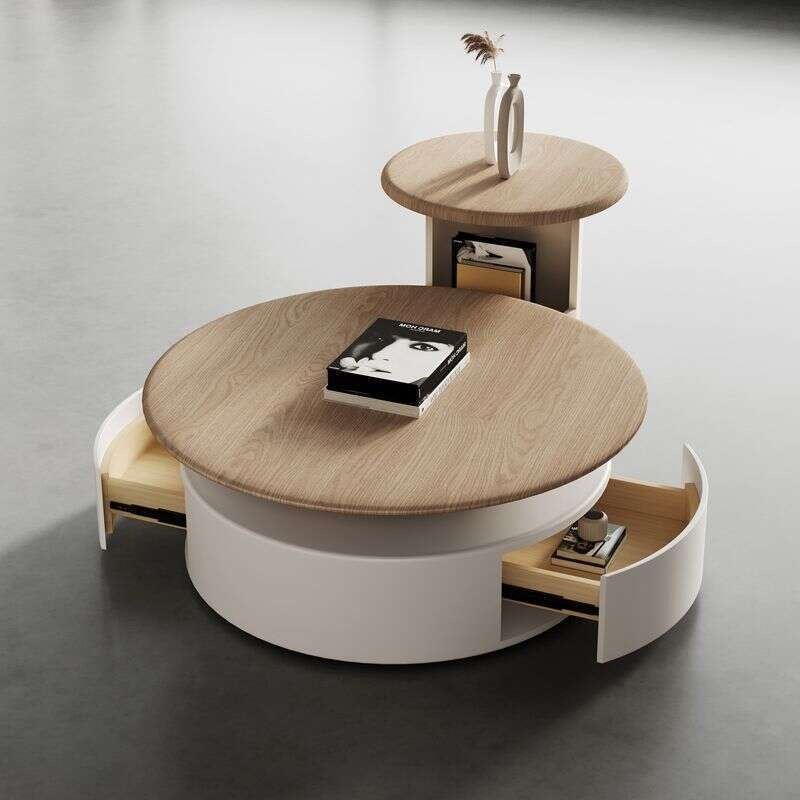 Round coffee table in natural wood color, minimalist modern style, simple for the living room.