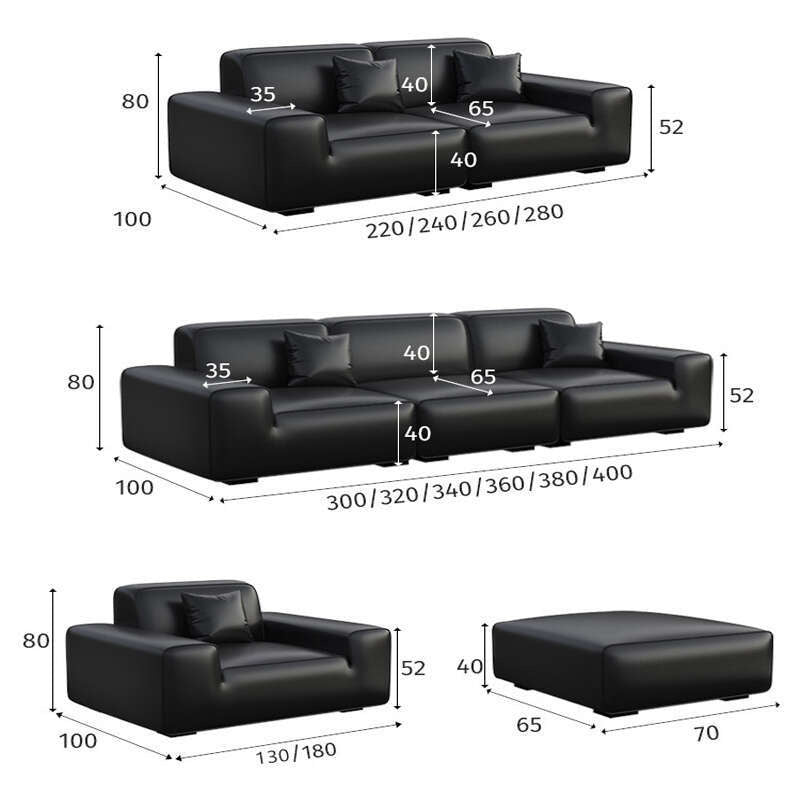 Italian Style Genuine Minimalist Cowhide Living Room Black Leather Sofa