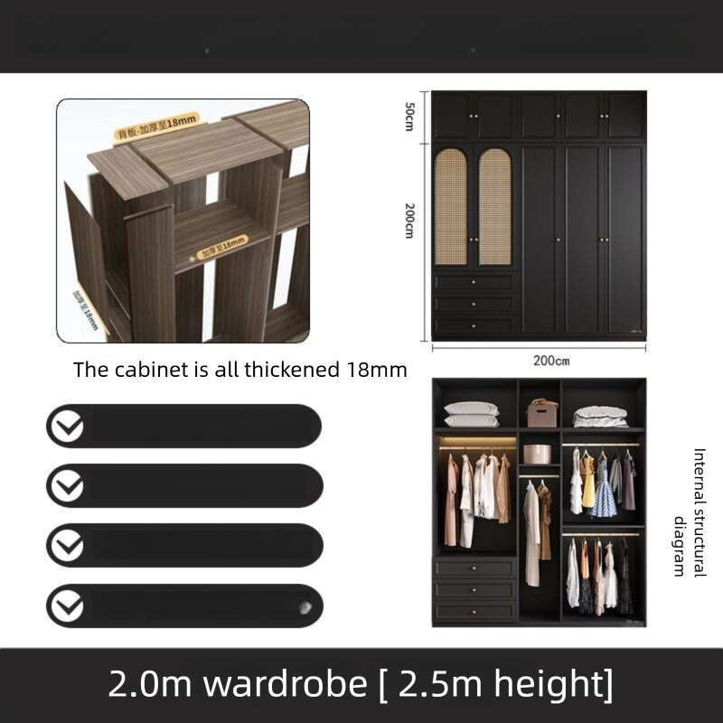 Black Real Wood Wardrobe with Rattan Doors for Home Bedroom small apartment American and French styles