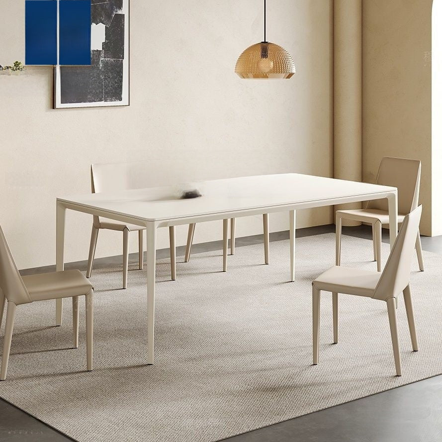 High-end pure white Italian-style dining table with metal legs and 12mm thick stone top.Custom design