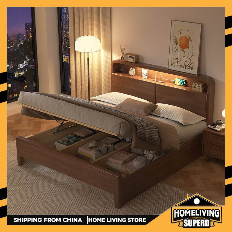 Modern Simple Solid Wood Bed, Multiple Sizes Storage, With USB