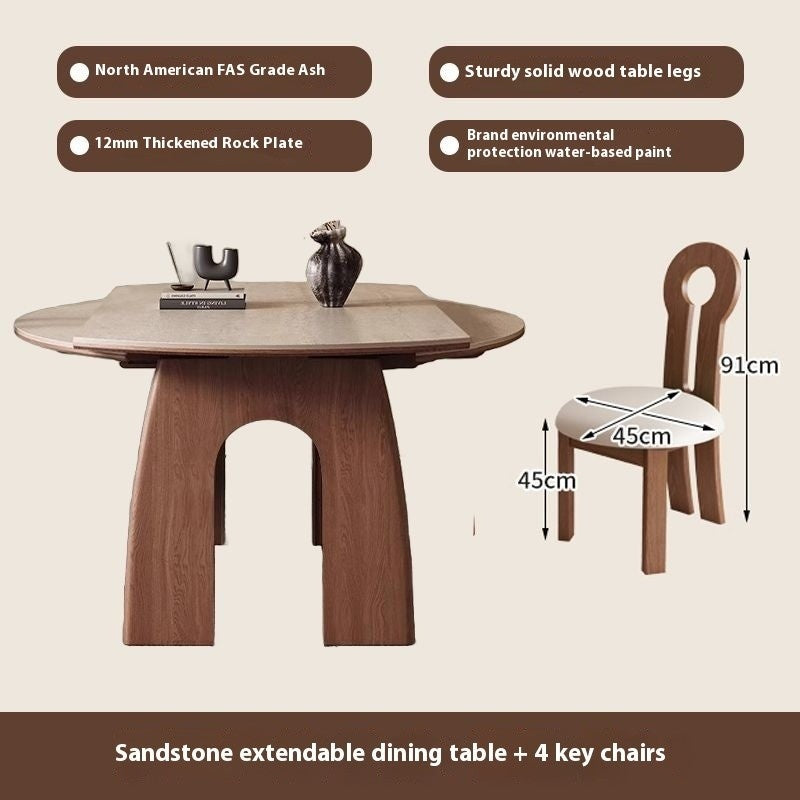 French-style dining table, expandable foldable, made from wood and granite, suitable for small rooms.