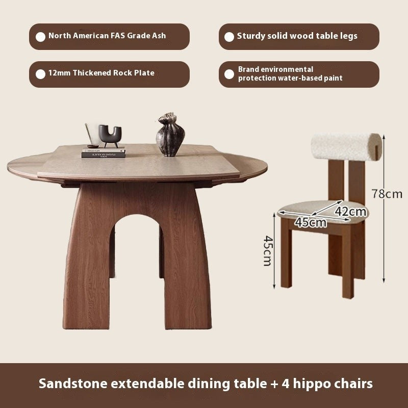 French-style dining table, expandable foldable, made from wood and granite, suitable for small rooms.
