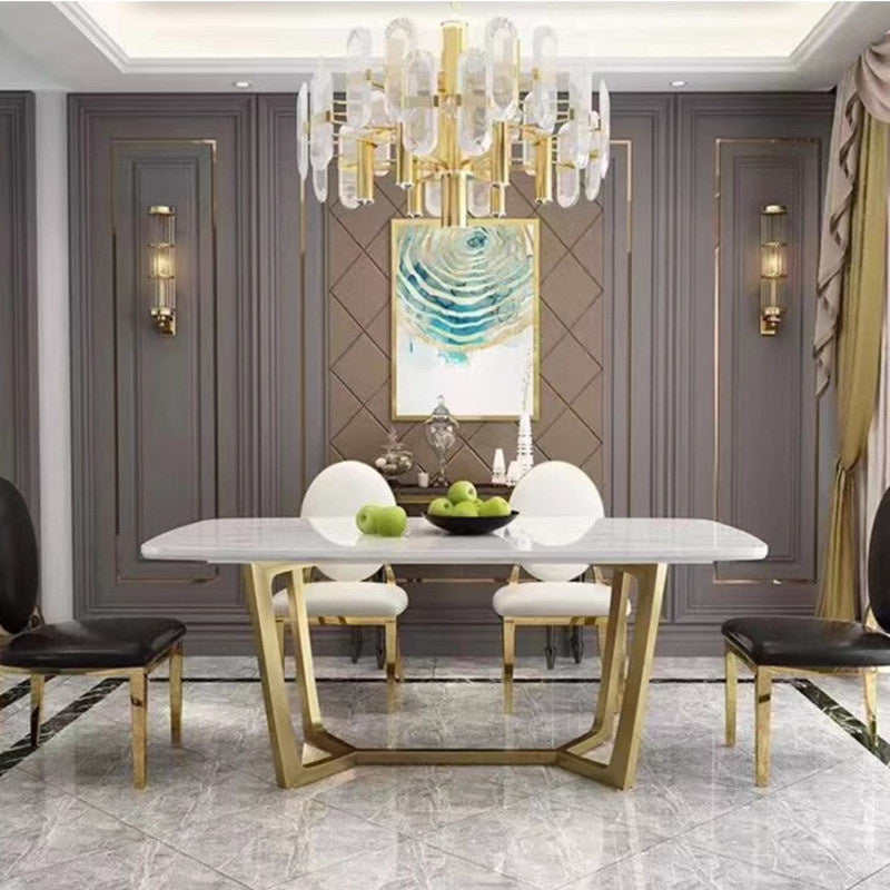 Modern compact square dining table, gold base, stainless steel, marble surface, Nordic style, sturdy and durable.