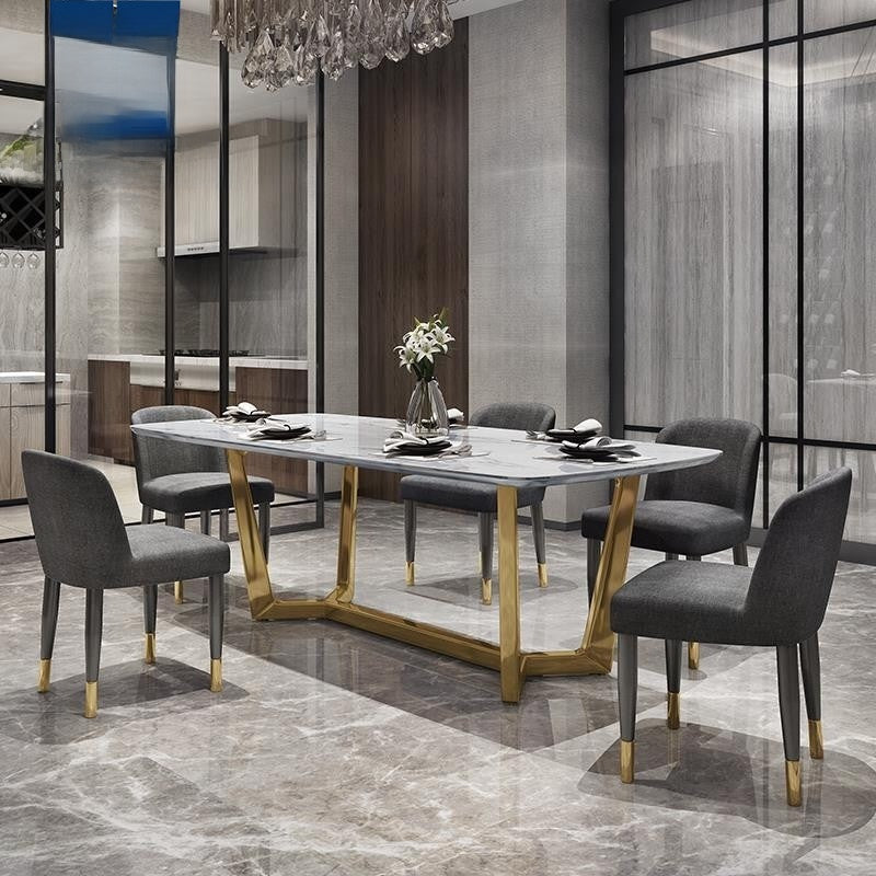 Modern compact square dining table, gold base, stainless steel, marble surface, Nordic style, sturdy and durable.