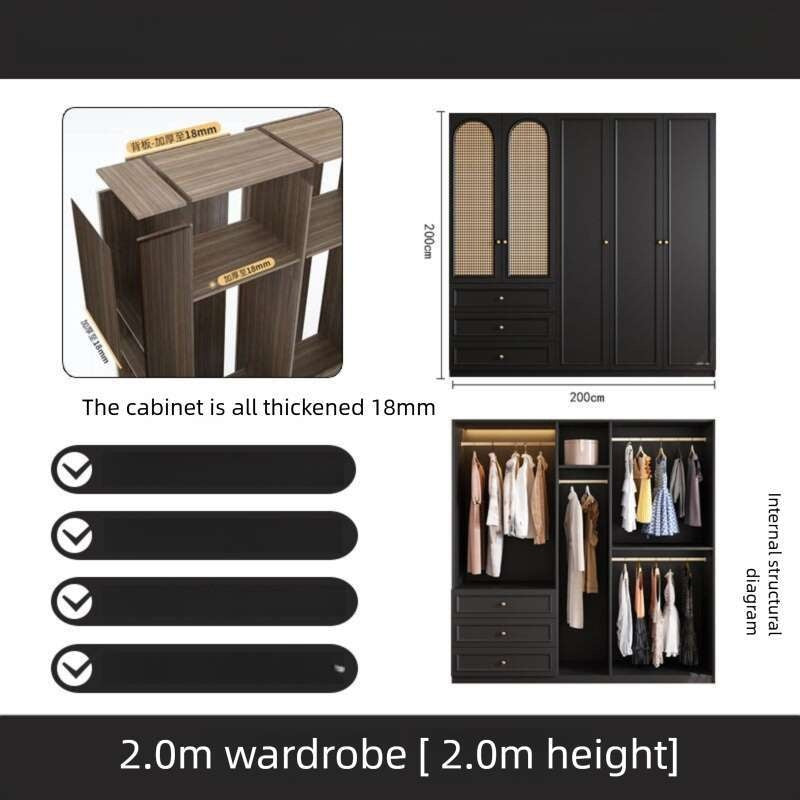 Black Real Wood Wardrobe with Rattan Doors for Home Bedroom small apartment American and French styles