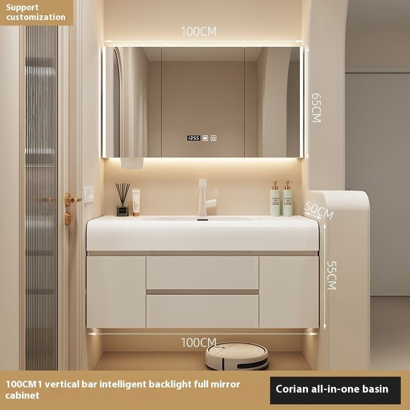 ห้องน้ำสีครีมห้องน้ำตู้กระจกสมาร์ทห้องน้ำฮาร์ดแวร์หิน 