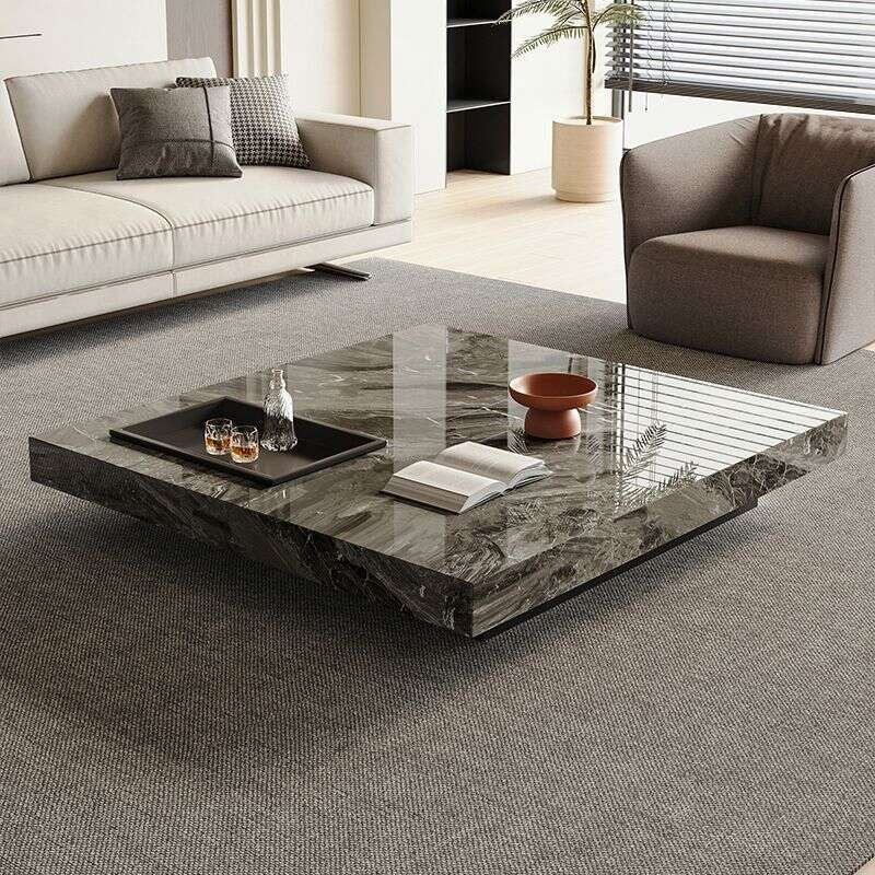 Simple Italian style light luxury small square home living room stone slab solid wood coffee table design sense
