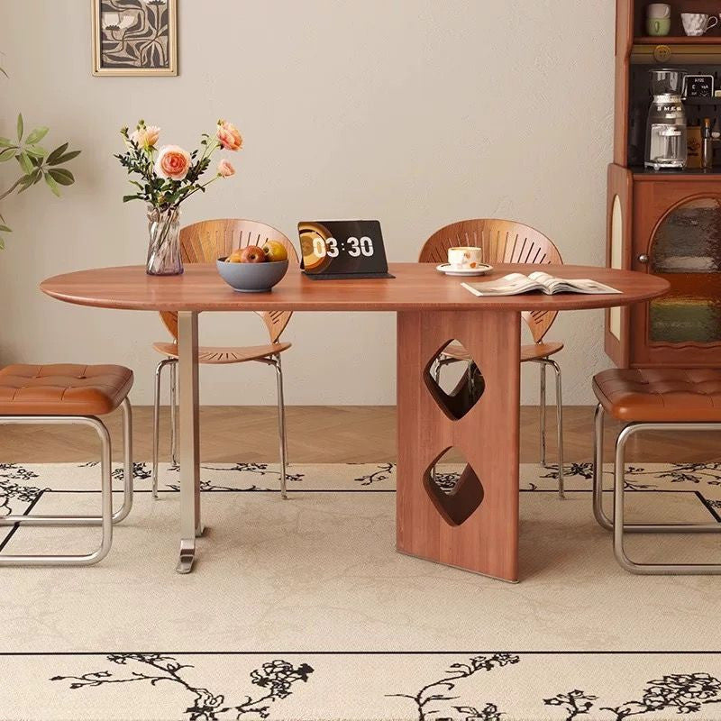 Nordic-French round dining table, cream tone, made from wood and granite. Modern classic style with chairs