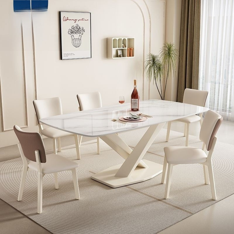 Modern Cream White Stone Table Set with Chairs - Stylish Home Dining Solution