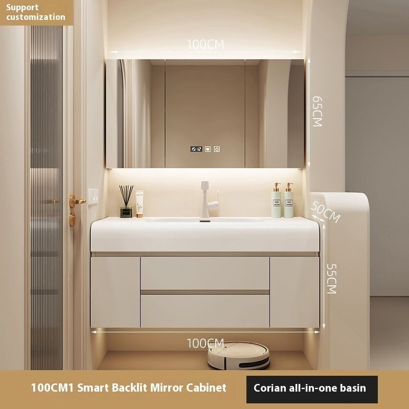 ห้องน้ำสีครีมห้องน้ำตู้กระจกสมาร์ทห้องน้ำฮาร์ดแวร์หิน 
