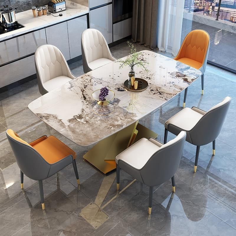 Italian dining table, luxurious, smooth surface, small artificial stone slab. Suitable for condos, stainless steel base, durable, modern.
