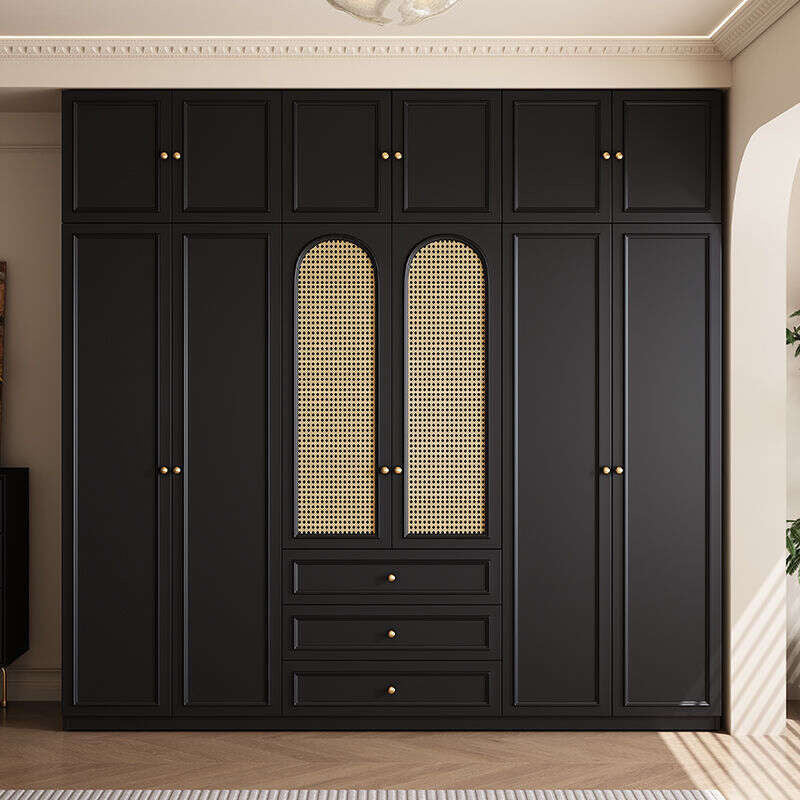 Black Real Wood Wardrobe with Rattan Doors for Home Bedroom small apartment American and French styles
