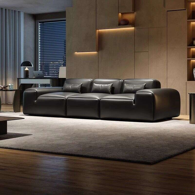 Italian Style Genuine Minimalist Cowhide Living Room Black Leather Sofa