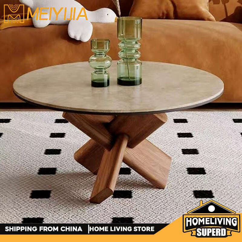 Coffee table, stone board, solid wood, round dowel and white ash base, living room, home coffee table.