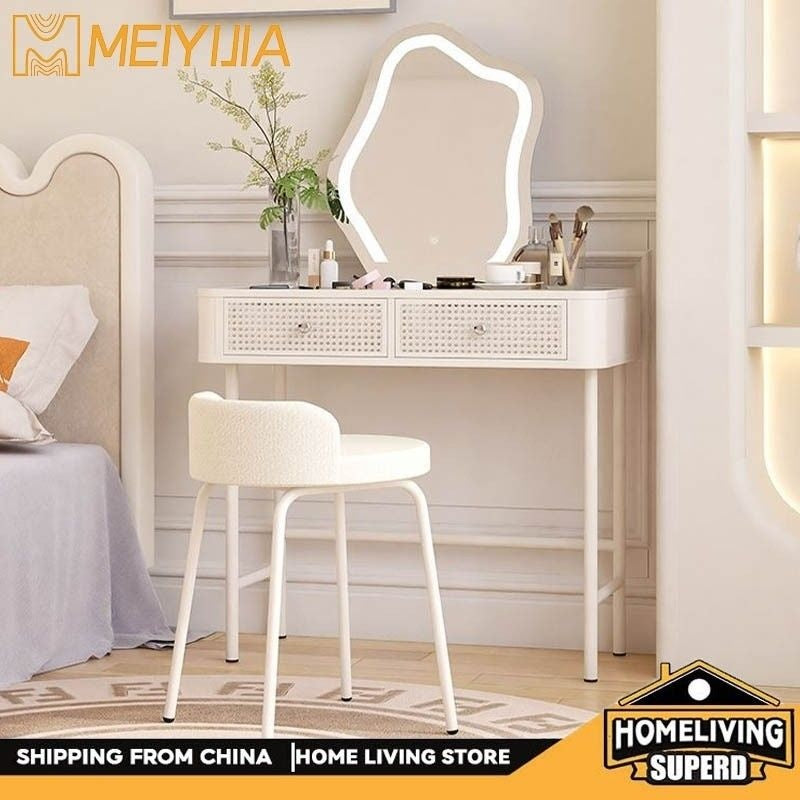 Cream Wind Simple Modern Glass Iron Art Large Bedroom Dressing Table