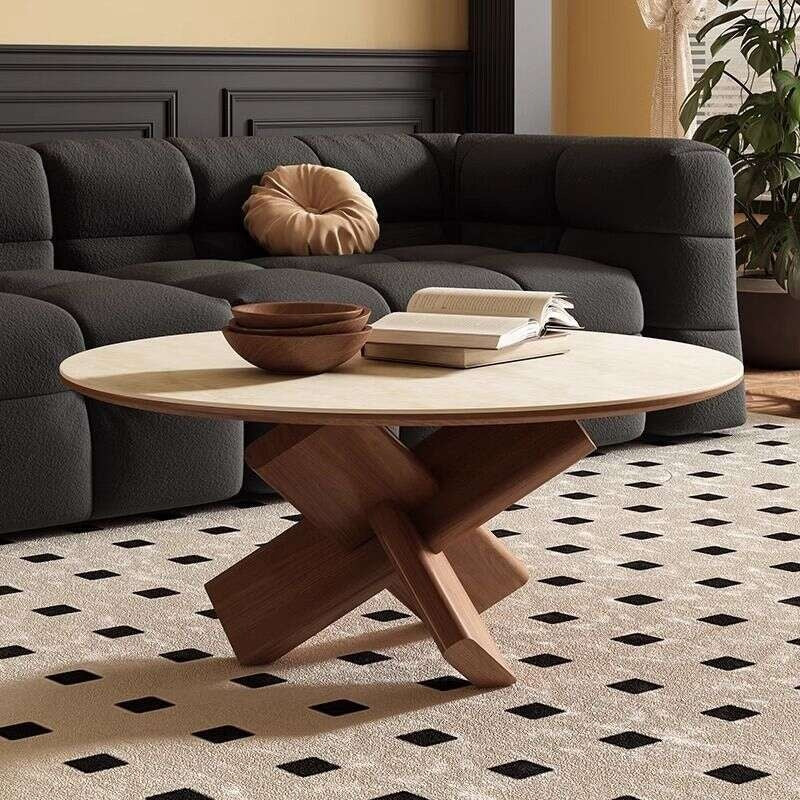 Coffee table, stone board, solid wood, round dowel and white ash base, living room, home coffee table.