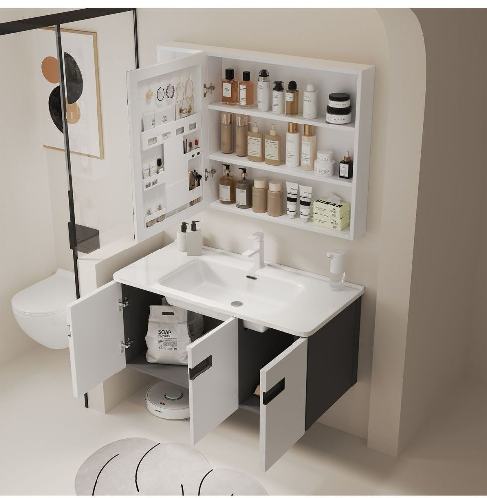 QW- alloy Aluminum makes a storage cabinet for the bathroom, mirror cabinet, and sink set.