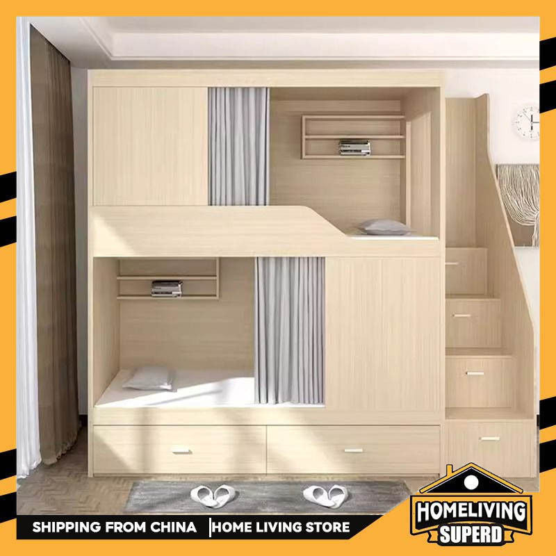 Modern simple, floating bed, upper and lower bunk beds, creative design with drawers.