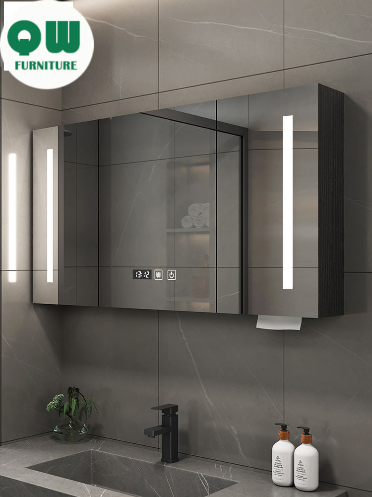 QW- Smart Solid Wood Wall Mounted Bathroom Mirror Storage Cabinet