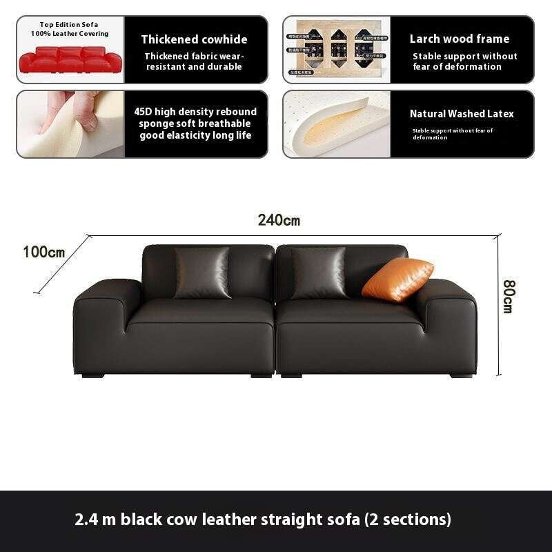 Italian Style Genuine Minimalist Cowhide Living Room Black Leather Sofa