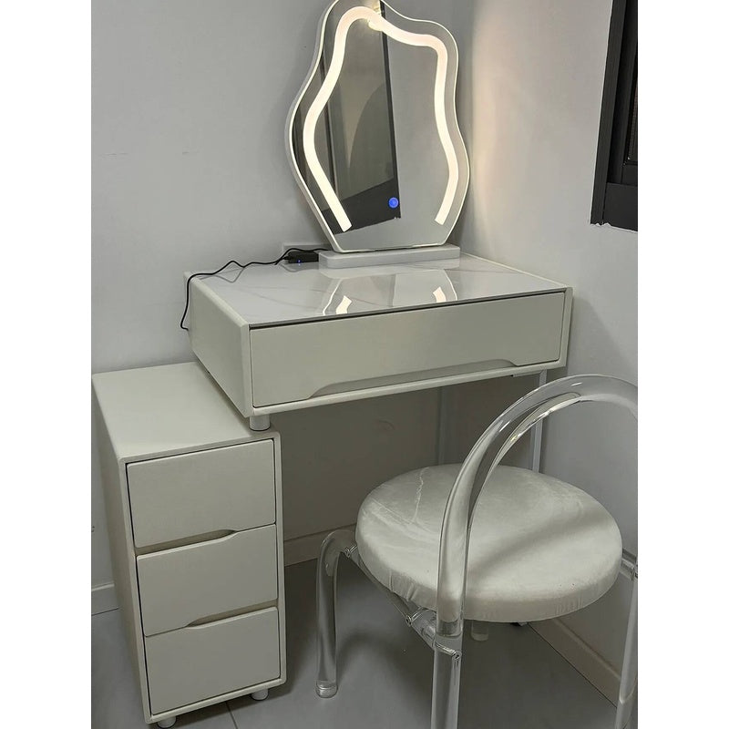 Modern Simple Bedroom Small Style Solid Wood Cream Wind Dressing Table with Smart Cabinet Mirror Chair