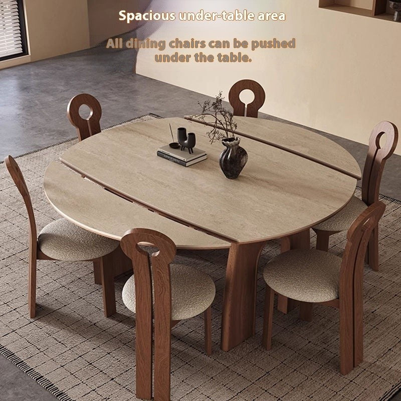 French-style dining table, expandable foldable, made from wood and granite, suitable for small rooms.