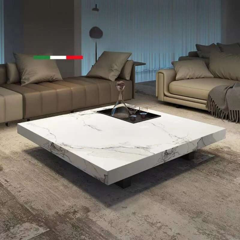 Simple Italian style light luxury small square home living room stone slab solid wood coffee table design sense