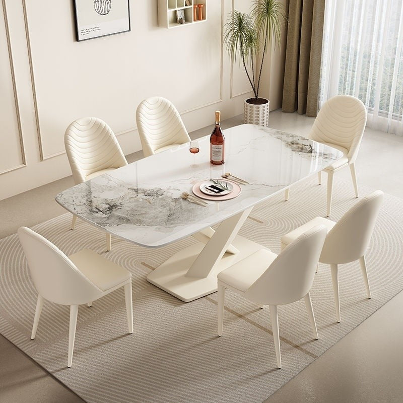 Modern Cream White Stone Table Set with Chairs - Stylish Home Dining Solution
