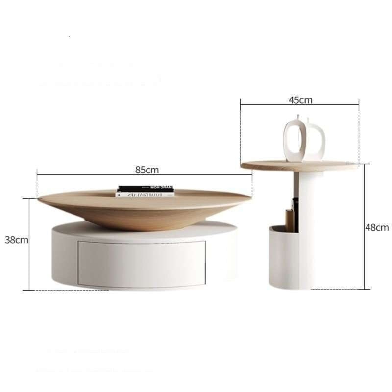 Round coffee table in natural wood color, minimalist modern style, simple for the living room.