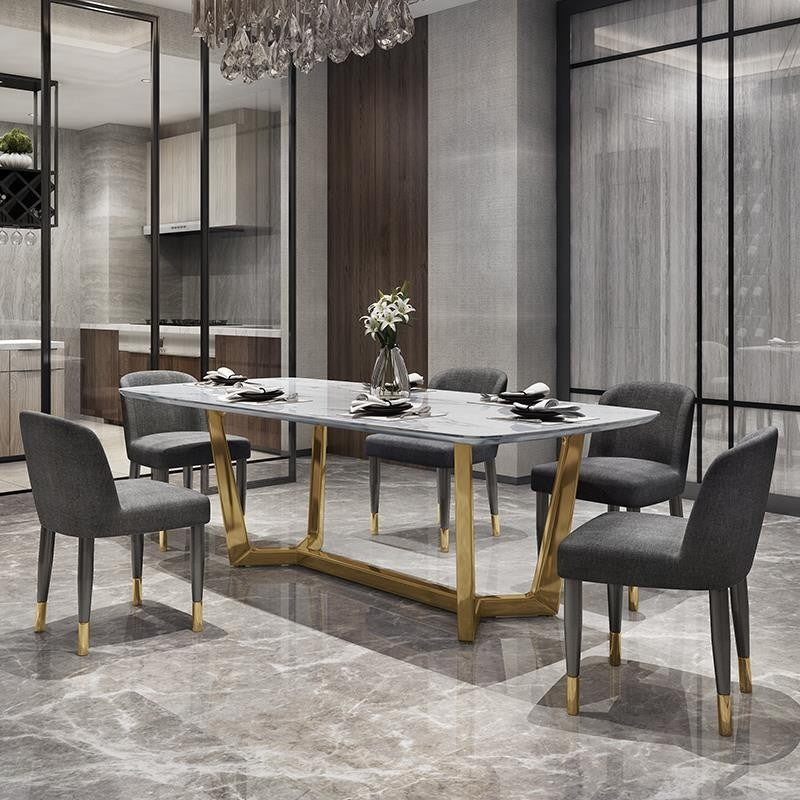 Modern compact square dining table, gold base, stainless steel, marble surface, Nordic style, sturdy and durable.