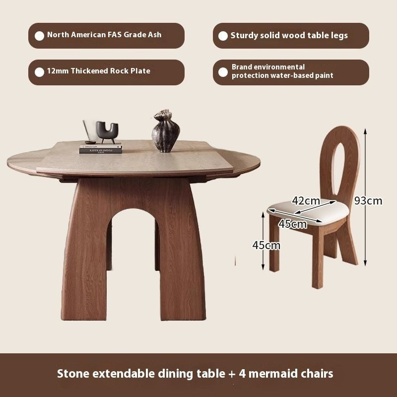 French-style dining table, expandable foldable, made from wood and granite, suitable for small rooms.