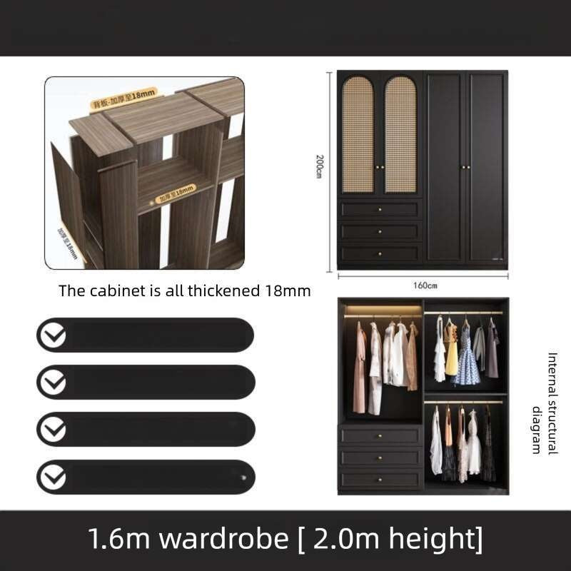 Black Real Wood Wardrobe with Rattan Doors for Home Bedroom small apartment American and French styles