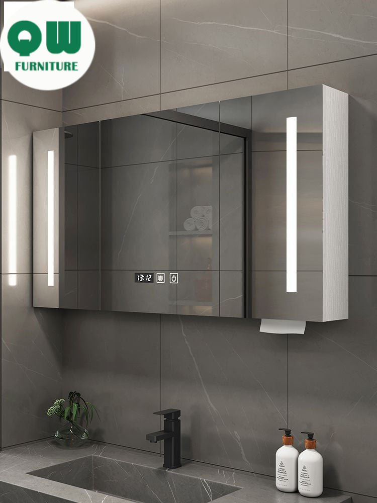 QW- Smart Solid Wood Wall Mounted Bathroom Mirror Storage Cabinet