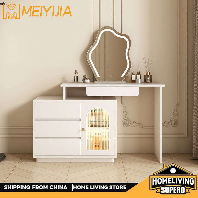 Colorless Solid Wood Dressing Table Cream style dressing in a simple bedroom. modern chest of drawers large capacity Integrated makeup table