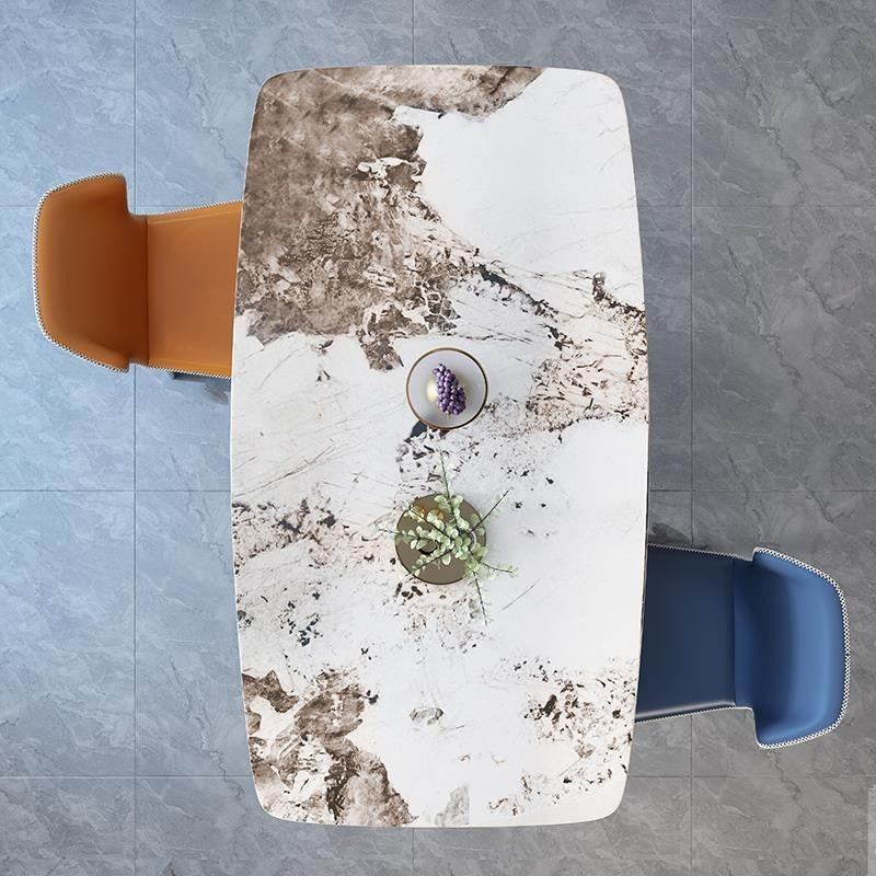 Italian dining table, luxurious, smooth surface, small artificial stone slab. Suitable for condos, stainless steel base, durable, modern.
