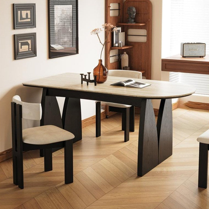 Simple French style oval dining table set Made from solid wood and granite, classic design.