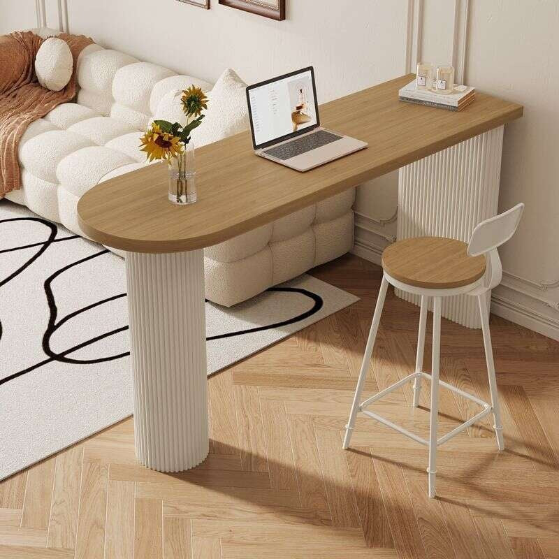 Solid wood coffee bar table, modern simple high chairs, chairs against the wall, long table